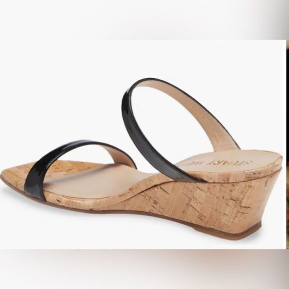 Stuart Weitzman Aleena Wedge Slide Sandal. Square toes. Black patent straps. 6 - Picture 2 of 7